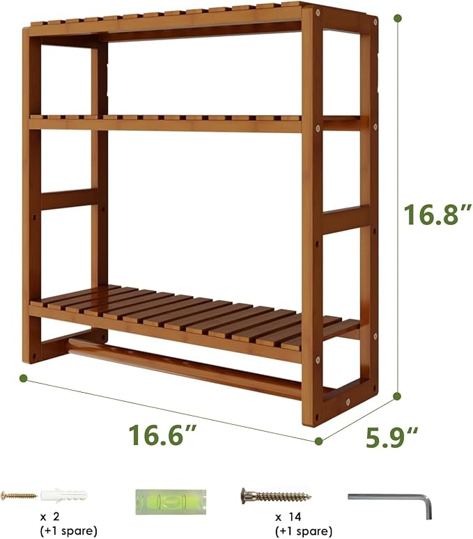 Galood Over The Toilet Storage Bathroom Shelves Wall Mounted 3 Tier Brown | Space Saver Corner Shelf Organizer Bamboo Towel Rack Toilet Paper Cabinet with Hanging Rod