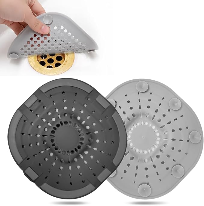 Bovinde Hair Drain Catcher Square for Shower 2 PCS (Traffic Black Grey) | Drainer Cover Silicone Hair Stopper with Suction Cups,Protector Accessories,Easy to Install Suit for Bathroom,Bathtub,Sink