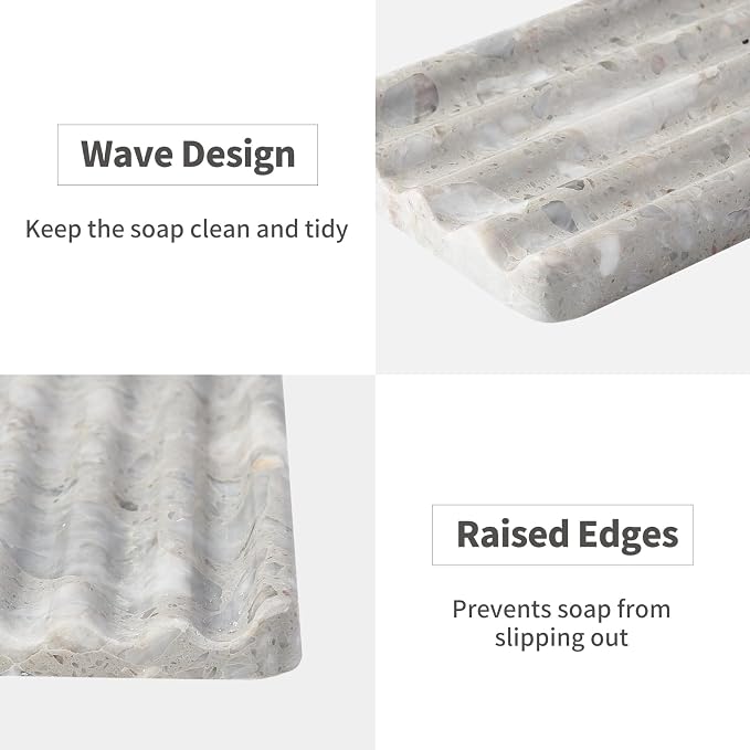 Karibiber Soap Holder for Bathroom, Grey Marble Soap Dish for Kitchen Countertop, Soap Tray with Creative Wavy Design, Soap Saver for Bath Tub, Sponges, Italian Natural Stone