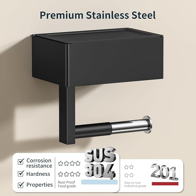FORIOUS Toilet Paper Holder with Shelf, Wall-Mounted Modern Wipes Dispenser | Brushed Gold | Toilet Paper Holder with Storage | Baby Wipes Dispenser for Bathroom | 6.5"x4.5" Lighter Shelf