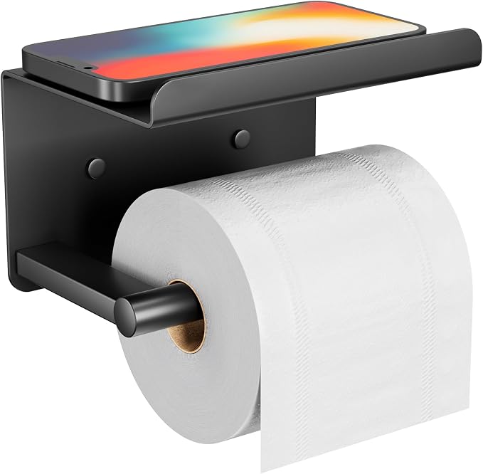 Adhesive Toilet Paper Holder with Phone Shelf, Wall Mounted Toilet Paper Roll Holder, Rustproof Bathroom Tissue Roll Holder with Shelf, Sticky Toilet Paper Roll Holder- Matte Black… | Two Installation Ways:Self Adhesive or Wall Mount, Stick On Toilet P...