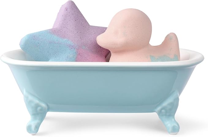 6.5" Ceramic Mini Decorative Clawfoot Bathtub Bar Soap Dish, Kitchen Sponge Holder and Shower Tray for Bathroom, 1 Pack(Baby Blue)