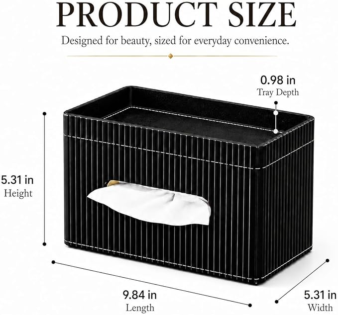 Ribbed PU Leather Tissue Box Cover with Storage Tray, Rectangular Facial Tissue Holder for Bathroom Vanity, Nightstand & Office Desk, Modern Decorative Tissue Dispenser (Matte Black)