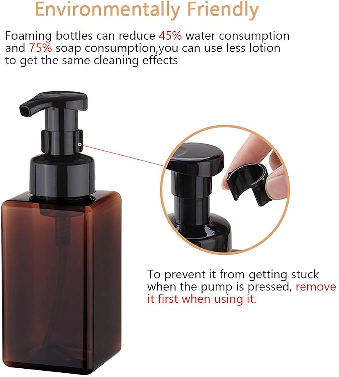 UUJOLY Foaming Soap Dispenser, 450ml (15oz) Refillable Pump Bottle Plastic for Liquid Soap, Shampoo, Body Wash (2 Pcs) (Amber) | Hand Dispenser for Liquid Soap, Shampoo & Body Wash – Saves Soap with Rich Foam, Reusable, Easy to Refill, BPA-Free