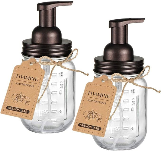 Amolliar Mason Jar Foaming Soap Dispenser, Glass Soap Bottle(Bronze 2 Pack) | Foam Soap Dispenser for Bathroom, Kitchen, Rustic Farmhouse Decor, Refillable Hand Soap Dispenser, Bathroom Accessories Set
