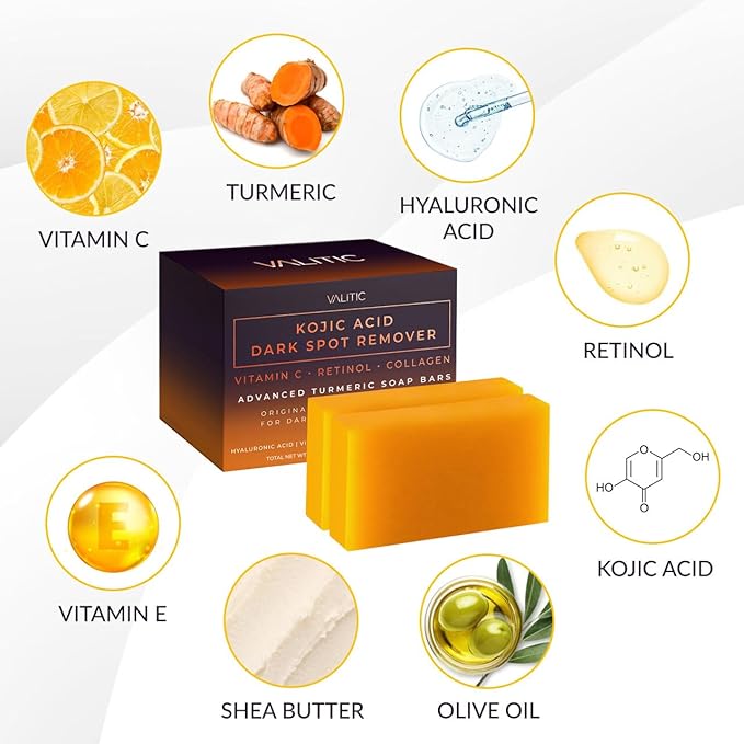 VALITIC Kojic Acid Dark Spot Corrector Soap Bars with Vitamin C, Retinol, Collagen, Turmeric - Original Japanese Complex - Hyaluronic Acid, Vitamin E, Shea Butter, Castile Olive Oil - 2 Pack With Bag