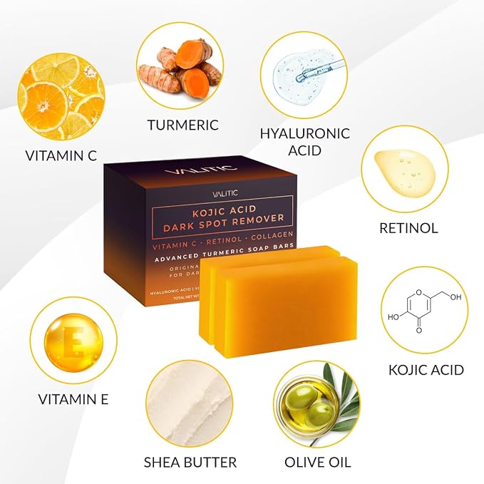 VALITIC Kojic Acid Dark Spot Remover Soap Bars with Vitamin C, Retinol, Collagen, Turmeric - Original Japanese Complex - Hyaluronic Acid, Vitamin E, Shea Butter, Olive Oil (2 Pack) - With Soap Holder