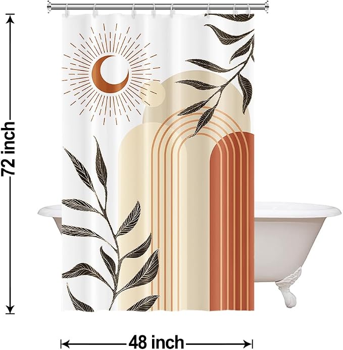 Boho Moon Stall Shower Curtain with Hooks 48x72 Inch | Waterproof Small Narrow Terracotta and Beige Bathroom Curtain for Shower Stall, Machine Washable