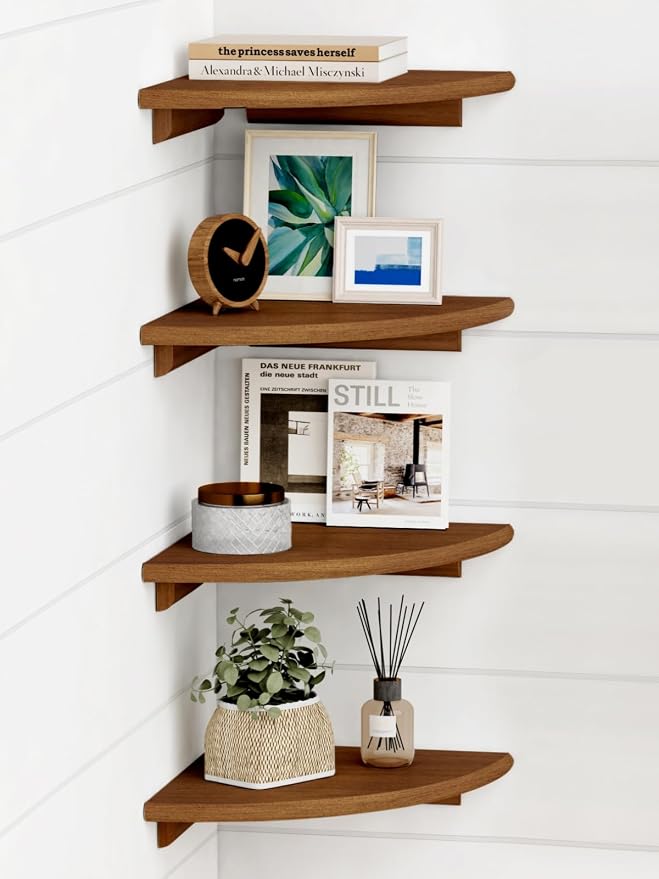 Forbena Walnut Brown Floating Corner Shelves for Wall 4-Pack, Small Corner Wall Shelves for Kids Room, Cute Wooden Hanging Corner Shelf for Bedroom Bathroom Decor, Living Room, Small Spaces