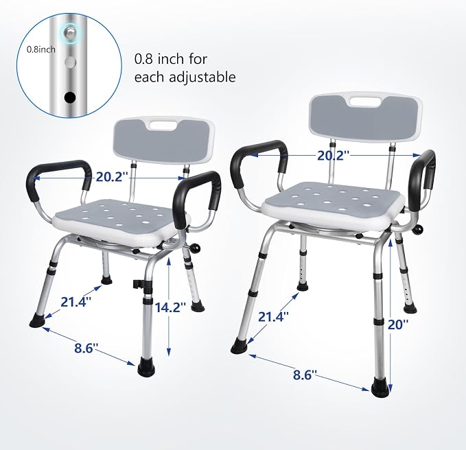 Swivel Shower Chair with Handle 500lbs Adjustable Arms & Back 360° Rotating | 360° Swivel, 5-Level Height Adjust, Non-Slip Feet, Tool-Free Assembly With Extra Suction Bath Grab Bar