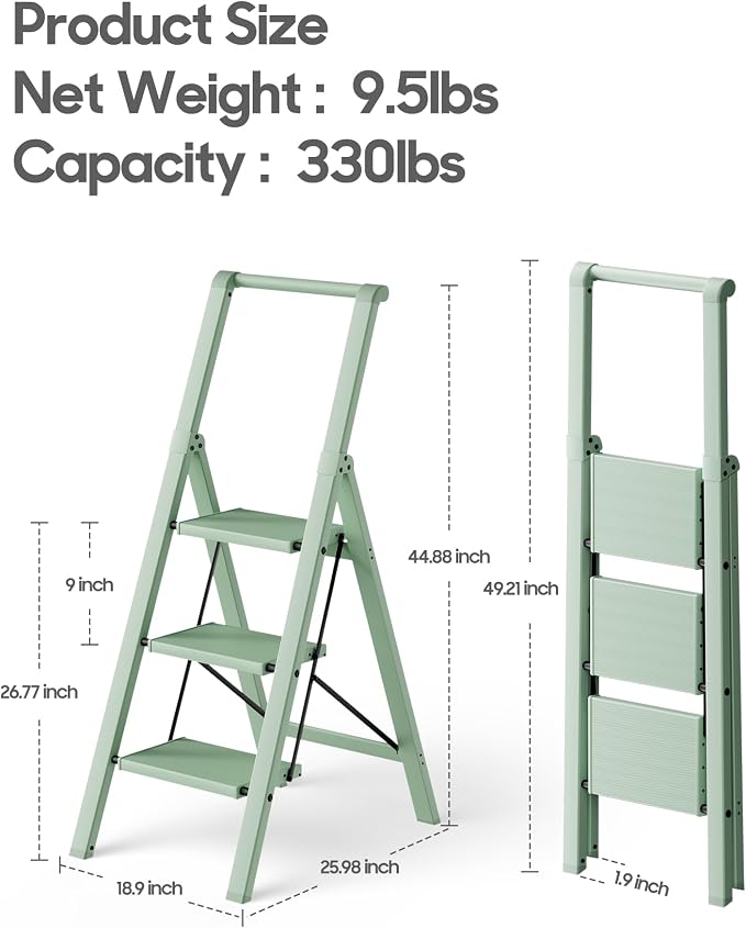 HillhutApex Aluminum 3 Step Ladder, Step Stool Foldable Ladder(Pale Green) | Stepladder with Handgrip,Anti-Slip Pedals,330lbs Capacity,Lightweight Folding Ladder for Home,Office,Libaray