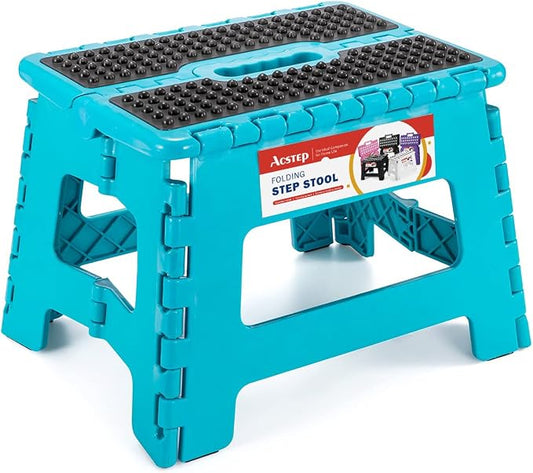 Folding Step Stool 9 Inch, Non-Slip Surface Stool for Kids, Dot Blue | Heavy Duty Foldable Stools, Lightweight, Holds 300 lb, for Toddler Kitchen Bathroom Bedroom Outdoor, Collapsible with Handle