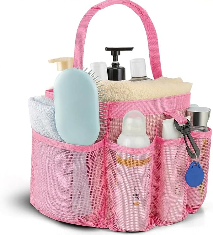 Mesh Shower Caddy Portable for College Dorm Room Essentials,Hanging Shower Caddy Dorm Basket with 8 Pockets,Quick Dry Shower Bag for Bathroom,Beach,Swimming,Gym (Light Pink)