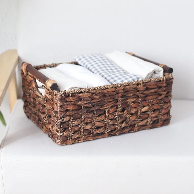 Water Hyacinth Wicker Storage Basket with Wood Handles, Large | Rectangular dark brown woven rattan basket, for shelves, kitchen countertops, closet, holds magazines, toilet paper