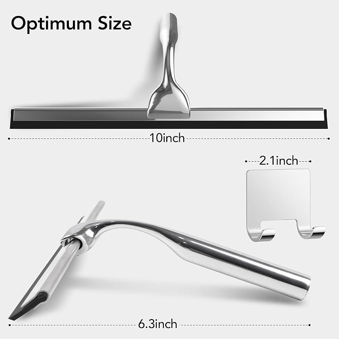 Shower Squeegee for Shower Glass Door with Adhesive Hook | Stainless Steel Squeegee for Shower Glass, Window Squeegee for Cleaning Tile Wall, Mirror, Car(10", Silver)