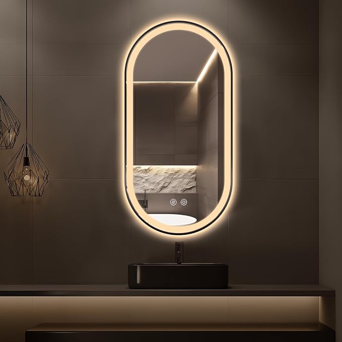 Oval LED Bathroom Mirror, Backlit + Front Lit Mirror Black Frame | 3 Color Dimmable, Anti-Fog, 48"x24", Memory Function, Shatter-Proof, HD Glass, Pill-Shaped Mirror, Vertical or Horizontal
