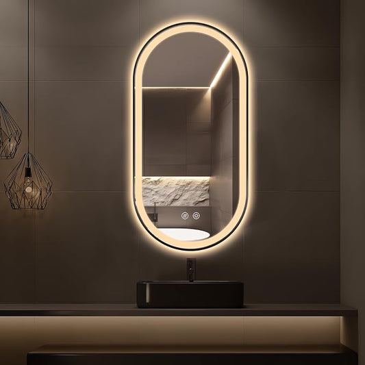 Oval LED Bathroom Mirror, Backlit + Front Lit Mirror Black Frame | 3 Color Dimmable, Anti-Fog, 48"x24", Memory Function, Shatter-Proof, HD Glass, Pill-Shaped Mirror, Vertical or Horizontal