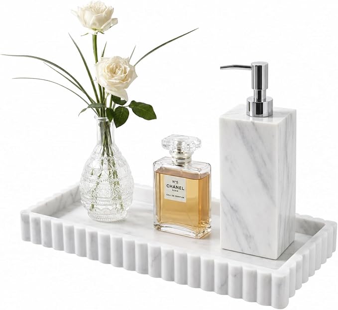 Bathroom Vanity Tray - 9.4''x3.9'' Silicone Bathroom Tray with Scalloped Edge, Counter Top Tray for Vanity Sink Countertop, Decorative Organizer for Cosmetics Jewelry, Rectangular, Marble Gray