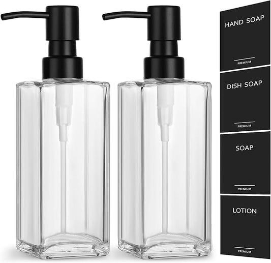 GMISUN Glass Soap Dispenser with Stainless Steel Pump, Clear Hand Soap Dispenser for Bathroom, 12 fl oz/350ml Refillable Dish Dispenser for Kitchen, Modern Liquid Soap and Lotion Bottle for Countertop