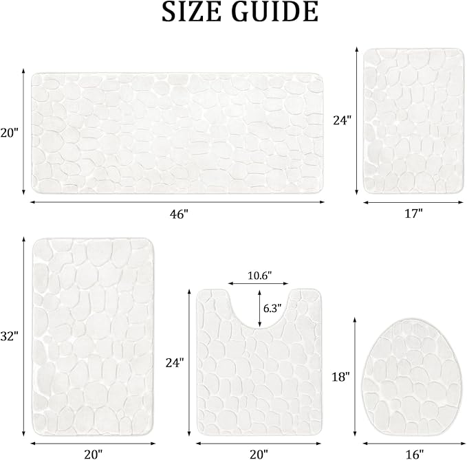 Bathroom Rugs Mat Set, Memory Foam Bath Mat 5 Piece White | Non Slip, Water Absorbent, Washable, Bath Mat For Bathroom, Sink and Toilet