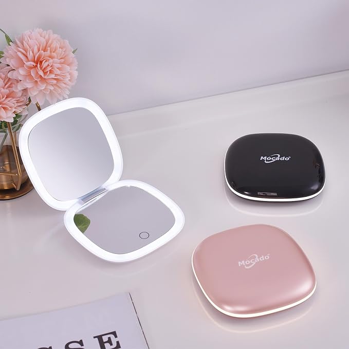 Mocado Compact LED Magnifying Travel Makeup-Mirror - 4 inches 1X/10X Magnification Small Hand Pocket Dimmable Double Sided USB Rechargeable Touch Screen, Portable Tabletop Cosmetic (White) | Double Sides Lighted, 3 Colors Lighting, 0-100% Brightness, D...
