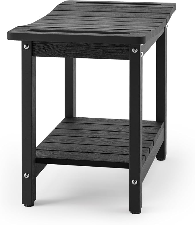 LUE BONA HDPS Shower Bench for Inside Shower, Black 23.6" Shower Stool for Shaving Legs with Shelf, Waterproof Shower Chair Seat for Bathroom, Weather Resistant/Non-Slip/Handles/Indoor or Outdoor Use