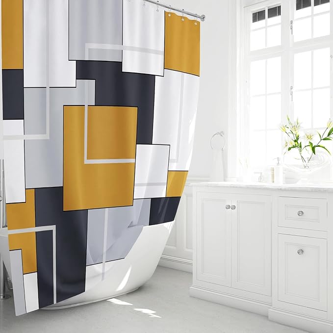 72 x 84 Tall Modern Geometric Waterproof Fabric Shower Curtain, Gold | Long Size, Premium Polyester, Weighted Hem, 12 Plastic Hook, Vibrant Color, Wrinkle-resistant, Quick-Dry, Machine Washable