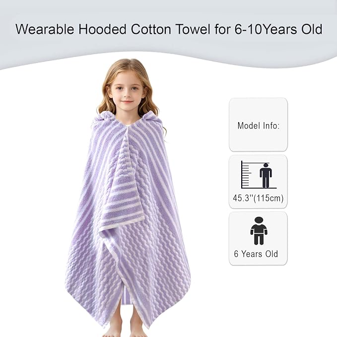VOOVA & MOVAS Kids Hooded Bath Towel, 6-10 Years, 100% Cotton,Purple Stripe | Elegant Vertical Stripes, Thick Plush Material, Fast Drying for Outdoor Water Activities
