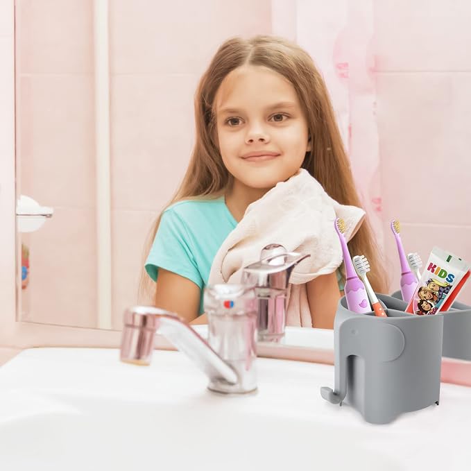 Elephant Toothbrush Holder for Toddler, Suction Cup Cute Toothbrush Holder for Kids, for Bathroom, with 3 Slots and 1 Hook, Grey