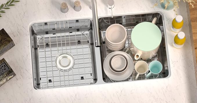 SANNO Kitchen Sink Protectors Gird, Bottom Grid Centered Drain Hole Sink Grid and Stainless Steel Sink Protectors 13.65" L X 11.6" W