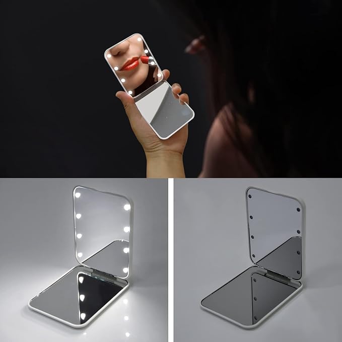 Kintion Pocket Mirror, 1X/3X Magnification LED Compact Mirror (White) | Travel Mirror with Light for Purse, 2-Sided, Portable, Folding, Handheld, Small Lighted Mirror for Gift