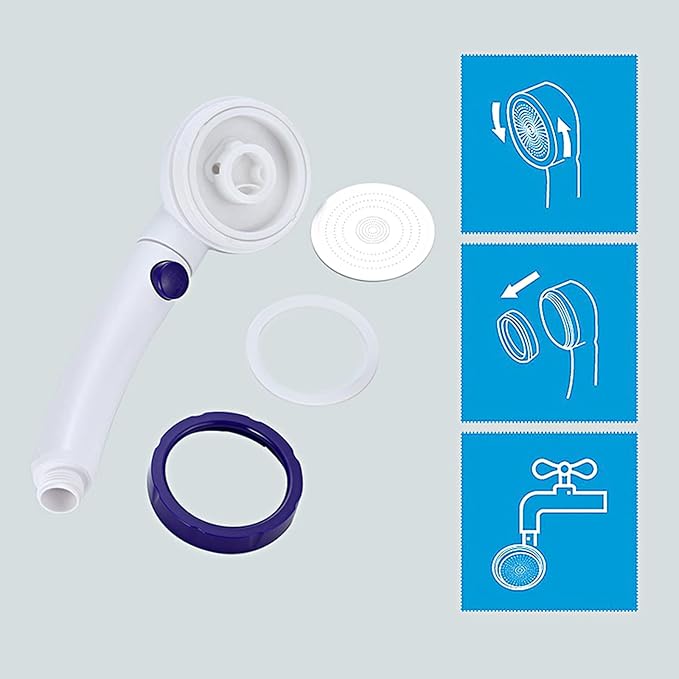High Pressure Handheld Shower Head with ON/OFF Pause Switch | 3 Spray Modes Shower Wand with Shut Off Button, Camper & RV Showerhead with Hose & Angle Adjustable Bracket, White & Blue