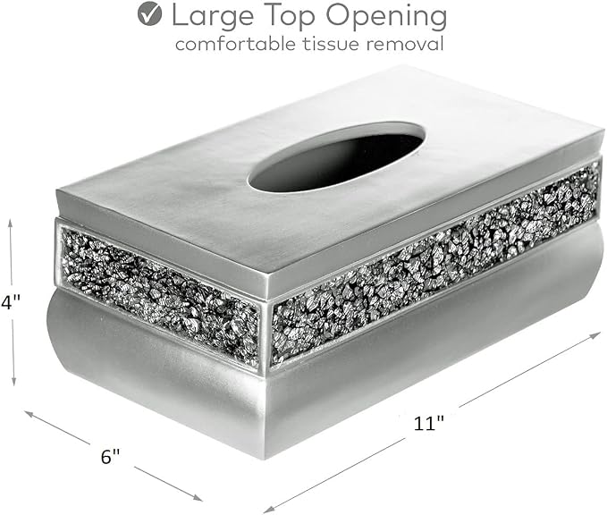 Crackled Glass Silver Tissue Box Cover Rectangular - Decorative Bling Tissue Box Holder With Beautiful Mosaic Glass - Elegant Tissue Holder For Bathroom With Durable Bottom Slider (Silver Collection)