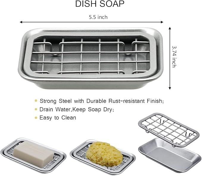 SheeChung Soap Dish for Bathroom Kitchen, Stainless Steel Soap Holder Tray | 1 Pack Silver, Metal Soap Dish with Drainage, for Kitchen Sink Counter to Store Bar Soap Sponges Scrubbers, Rust Resistant