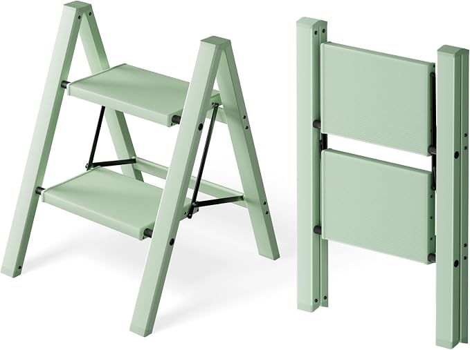 HillhutApex Aluminum Step Stool Foldable,2 Step Ladder (Pale Green) | Lightweight Portable step ladder with Anti-Slip Wide Pedal,330lbs Capacity Ladder for Household,Office,Kitchen