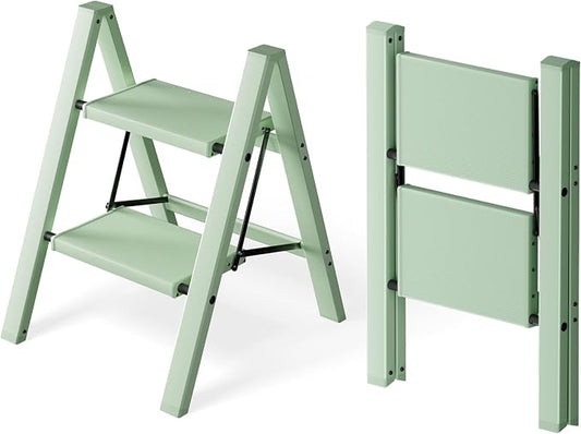 HillhutApex Aluminum Step Stool Foldable,2 Step Ladder (Pale Green) | Lightweight Portable step ladder with Anti-Slip Wide Pedal,330lbs Capacity Ladder for Household,Office,Kitchen
