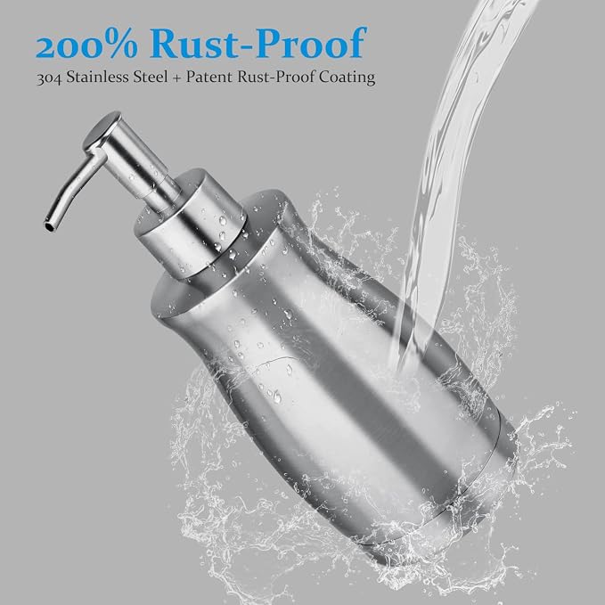 Soap Dispenser Stainless Steel - Brushed Nickel Pump Dispenser Bottle Refillable Liquid Hand Dish Soap Dispenser for Bathroom, Kitchen, Countertop, Silver (13.5 Oz / 400ML)