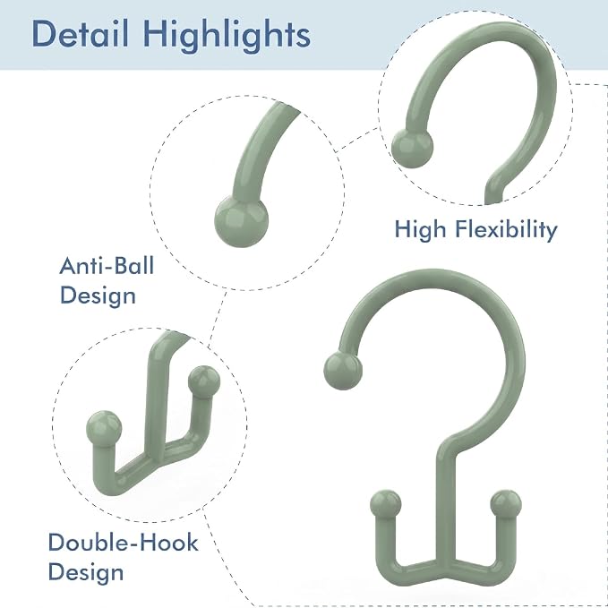 Bathway Green Shower Curtain Hooks, 12 Plastic Double Shower Curtain Rings | Hang Both Shower Curtain & Liner, Waterproof, Rust-proof, Sturdy, Durable, Flexible, Multifunctional, Universal, Easy to Use