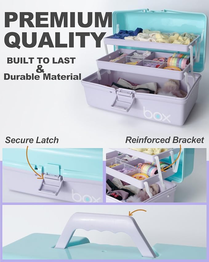 TERGOO 12in 3-Layer Plastic Craft Organizers and Storage, Portable Folding Tackle Box with Handle & Adjustable Dividers, Multipurpose Case for Sewing, Art Supplies, Medicine, Tools (Purple Blue)