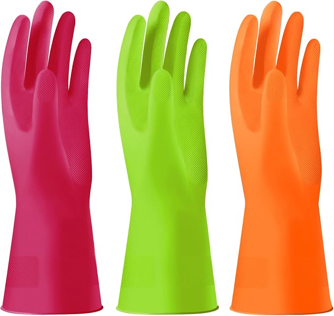 Alimat PluS Dishwashing Gloves Latex Free, Without Liner, 3 Pairs, Large | Reusable Rubber Gloves with Non Slip Embossed Texture, Waterproof Nitrile Cleaning Gloves for Laundry, Gardening