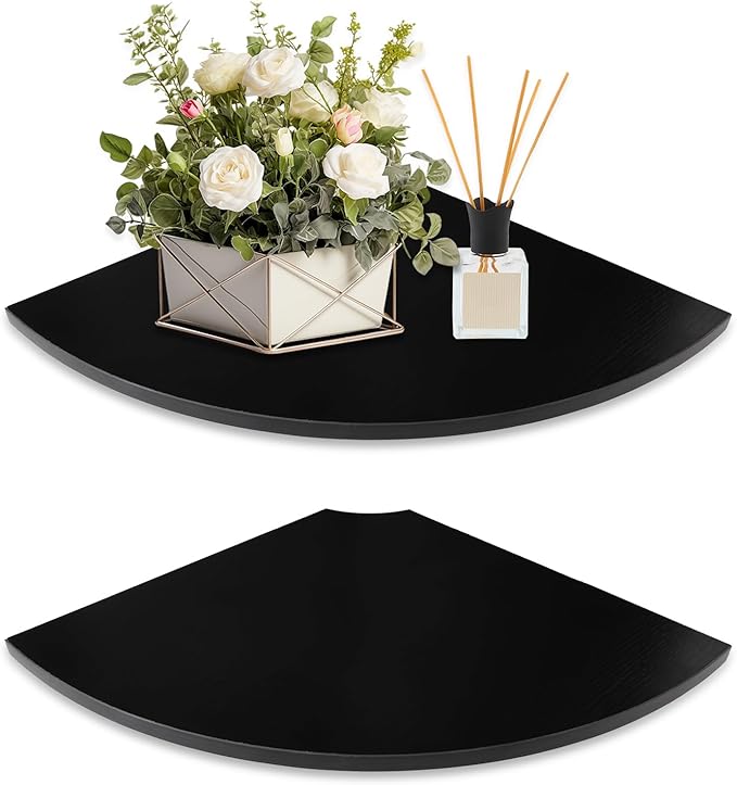 JJL Corner Shelf Wall Mounted, 12-Inch Sector Wood Floating Corner Shelves with Wire Hole, Set of 2 Circular arc Corner Shelf for Bedroom Corner Decoration, Black
