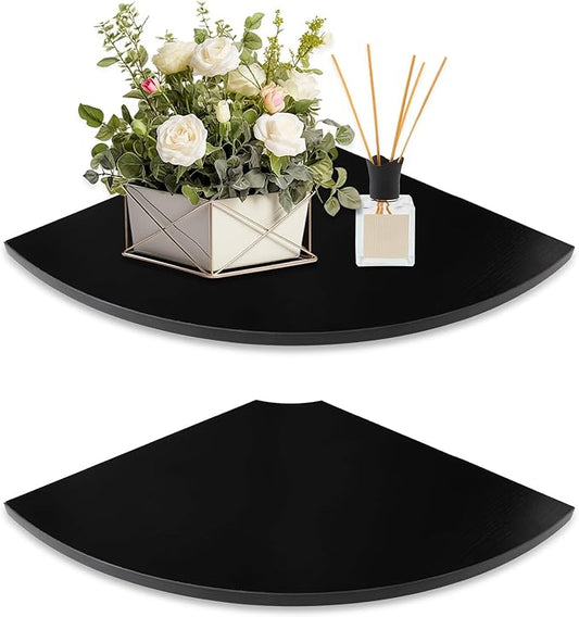 JJL Corner Shelf Wall Mounted, 12-Inch Sector Wood Floating Corner Shelves with Wire Hole, Set of 2 Circular arc Corner Shelf for Bedroom Corner Decoration, Black