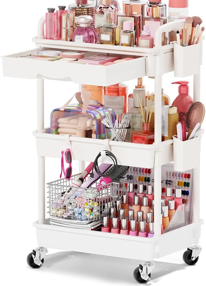 Goovilla Rolling Makeup Organizer Cart with Removable Drawer, 3 Tier White | Stable Floor Skincare Storage Cart for Vanity, Cosmetic Display, Nail Polish, Perfume, Hair Stuff, Beauty, Bathroom(Plastic)