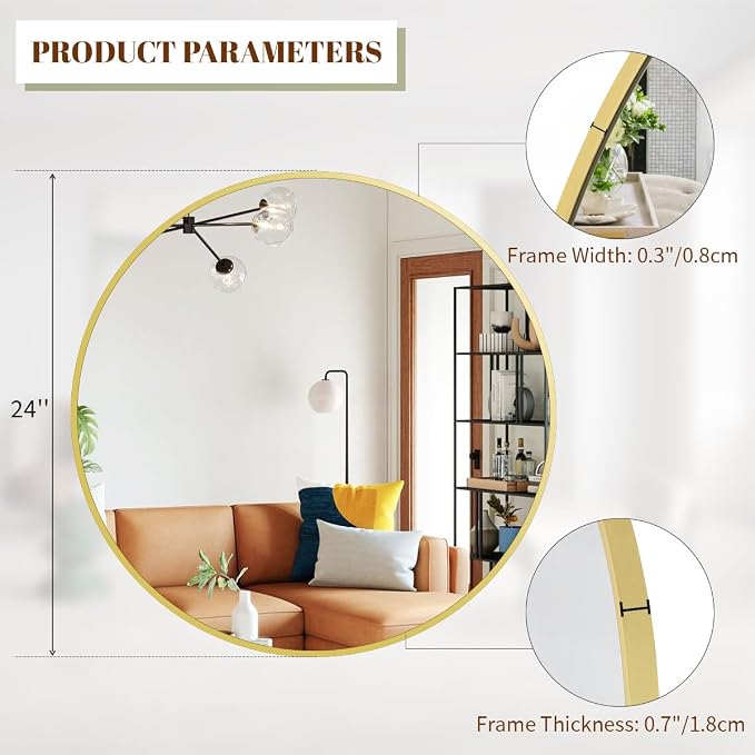 BEAUTYPEAK 24 Inch Round Mirror, Metal Frame Circle Mirror, Gold | Wall Mounted for Entryway, Bathroom, Vanity, Living Room