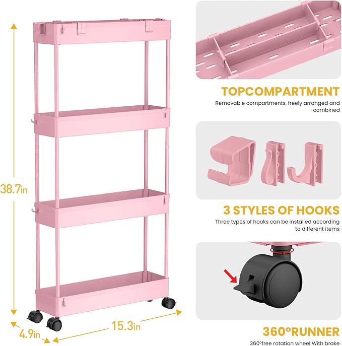 Slim Storage Cart 4 Tier,Bathroom Organizer Rolling Utility,Mobile Shelving Unit Slide Out for Office, Kitchen, Laundry Room & Narrow Places,Pink
