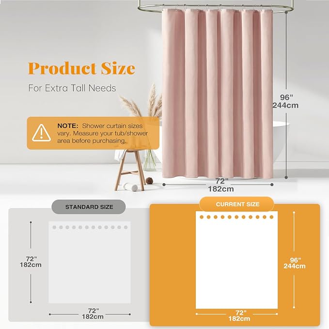 Extra Long Linen Textured Waterproof Shower Curtain, 72x96, Blush Pink | Extra Tall Size, 230GSM Polyester, Heavy Duty Cloth, Weighted Hem, 12 Plastic Hooks, Modern Hotel Style, Machine Washable