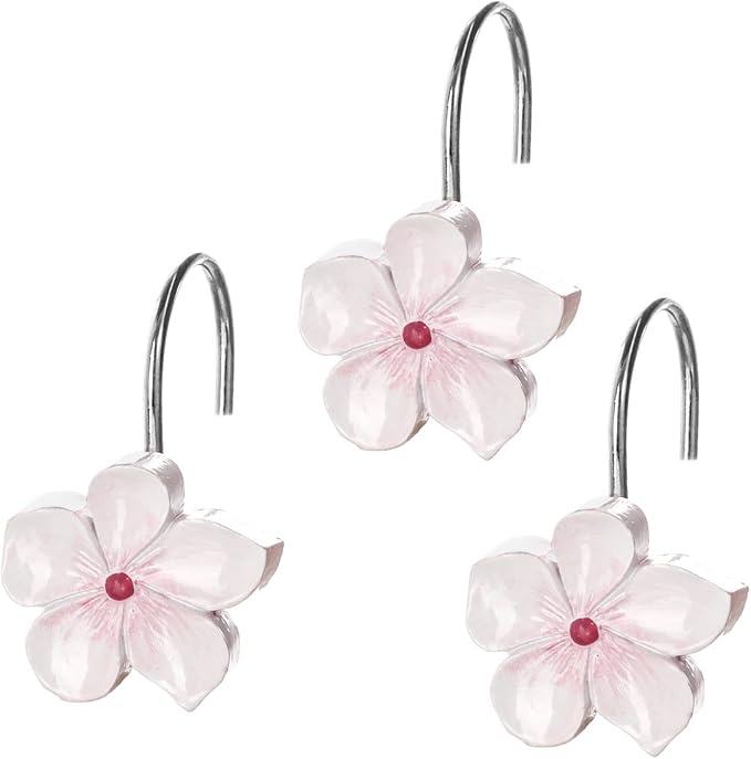 Creative Scents Vanda Shower Curtain Hooks Decorative | Set of 12 | White and Pink Shower Curtain Rings