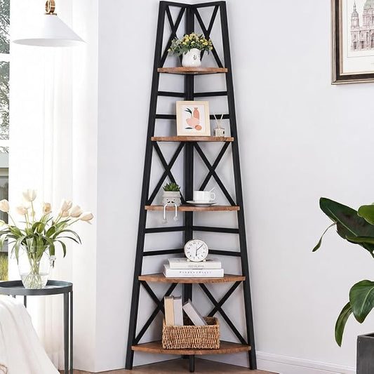 5 Tier Corner Shelf,72 Inch Tall Corner Bookshelf,Rustic Brown | Sturdy Corner shelf Standing,Industrial design,Easy assembly,Suitable for living room,Office,Corner Space