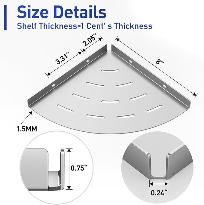 2 Pack Corner Shower Shelves Load Capacity 40 lbs 304 Stainless Steel Shower Corner Shelf Will not Rust 8in Shower Shelf for Inside Shower Brushed Nickel Drilling Installation