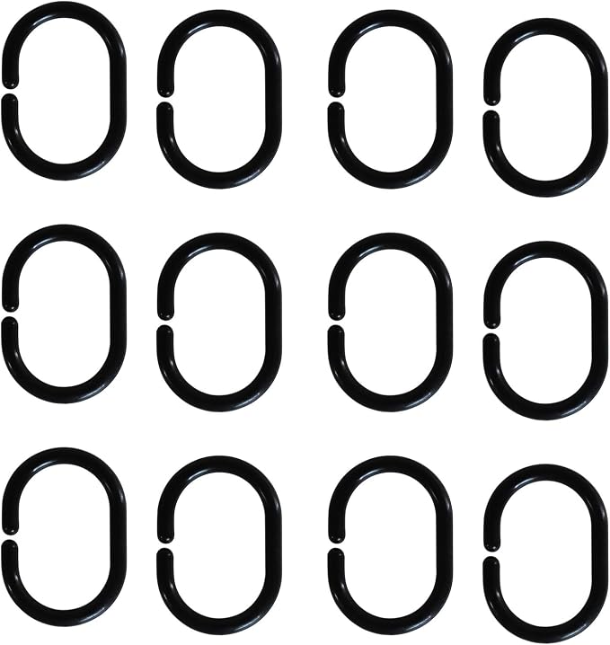 Shower Curtain Rings Plastic Shower Curtain Hooks C-Shaped Rings Hook Hanger Bath Drape Loop Clip Glide for Bathroom Shower Window Rod (Black, 12)